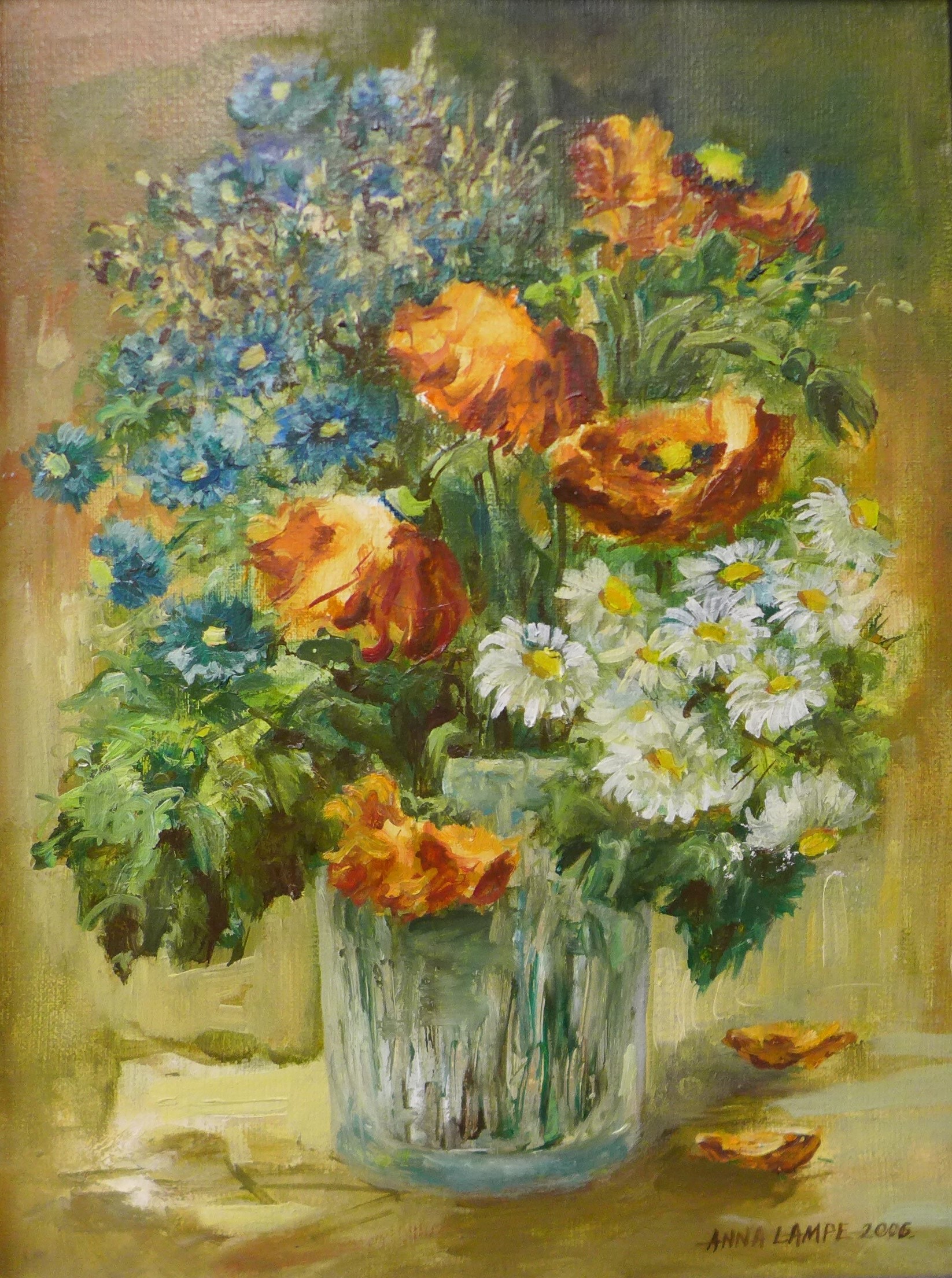 Anna Lampe (Polish), still life of flowers in a vase, oil on canvas, 38cms x 29cms, framed