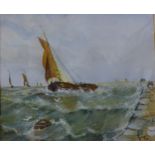 English School, marine landscape with boats in rough seas, watercolour, unsigned, 25 x 30cms, framed