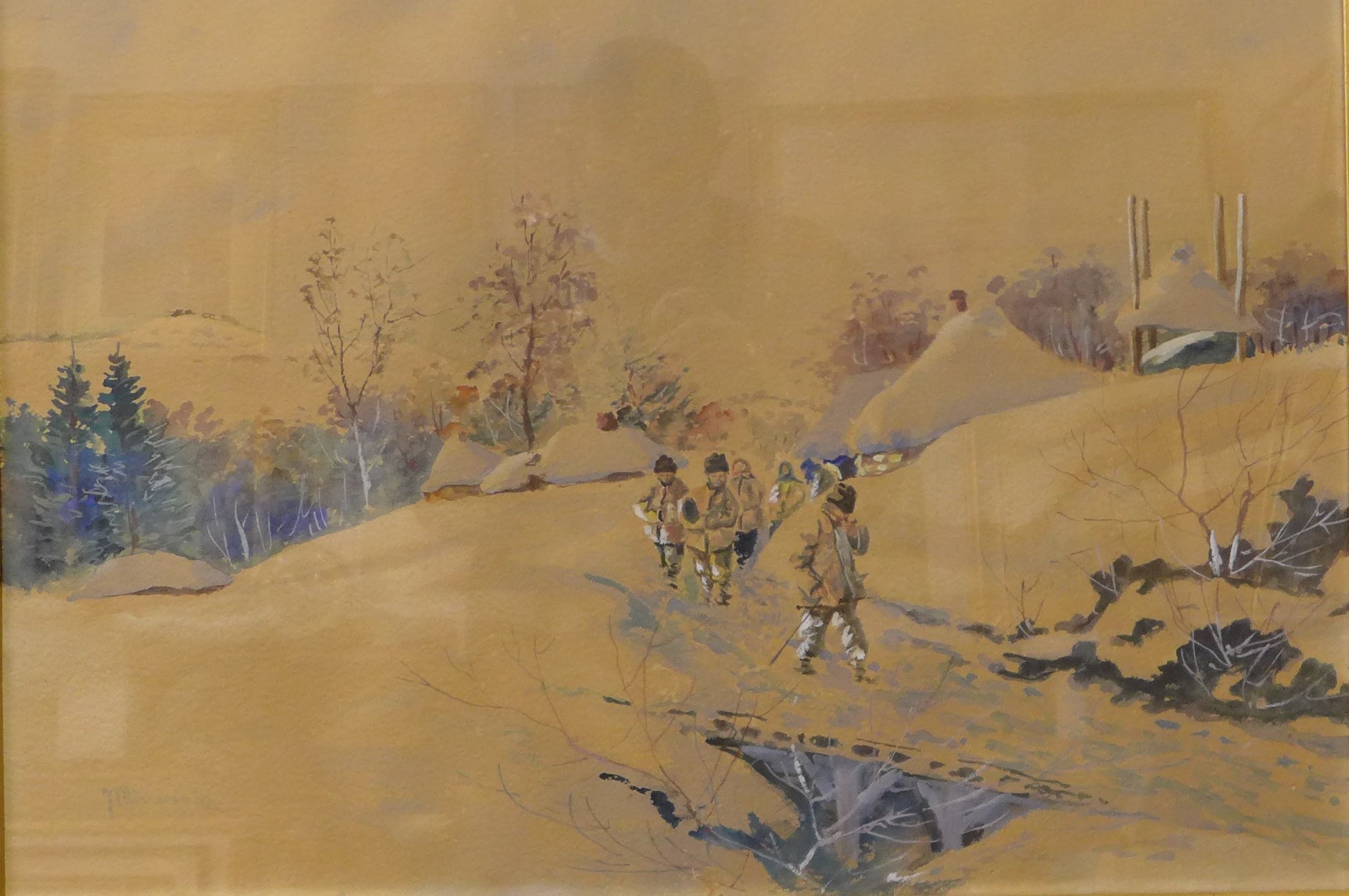 Polish School, rural winter landscape with figures on path, watercolour and gouache, indistinctly - Image 4 of 4