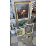 Two gilt framed mirrors, a still life of flowers, oil on canvas, etc. (5)