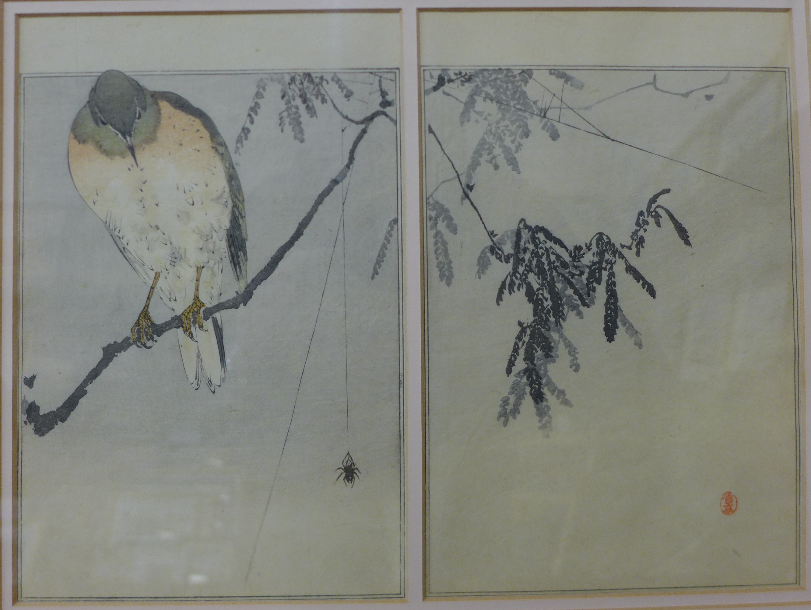 Watanabe Seitei (Japanese 1851-1918), two colour woodblock prints framed as one, each 23 x 15cms