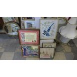 Assorted watercolours, prints and embroideries (15)