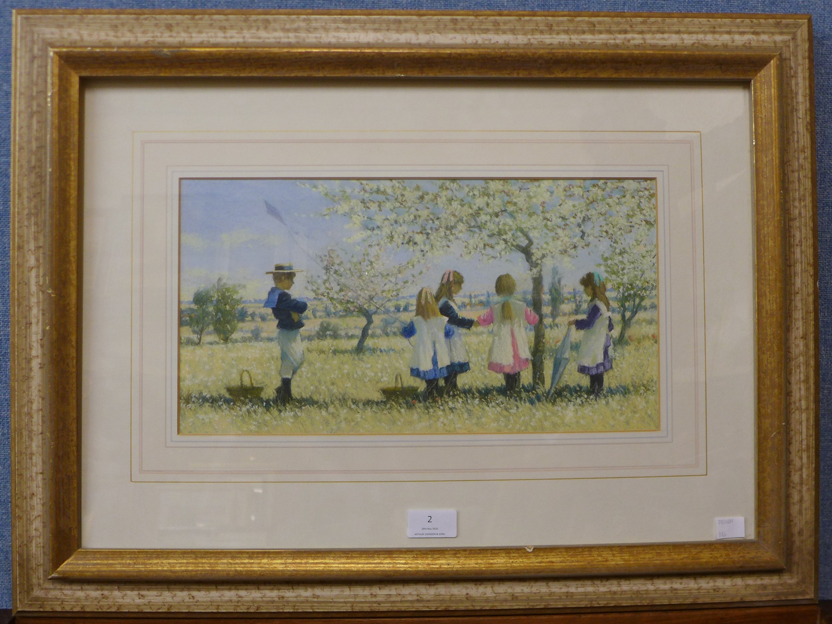 James H. Tyther, summer landscape with children in an orchard, pastel, unsigned, 20 x 38cms, framed - Image 2 of 3