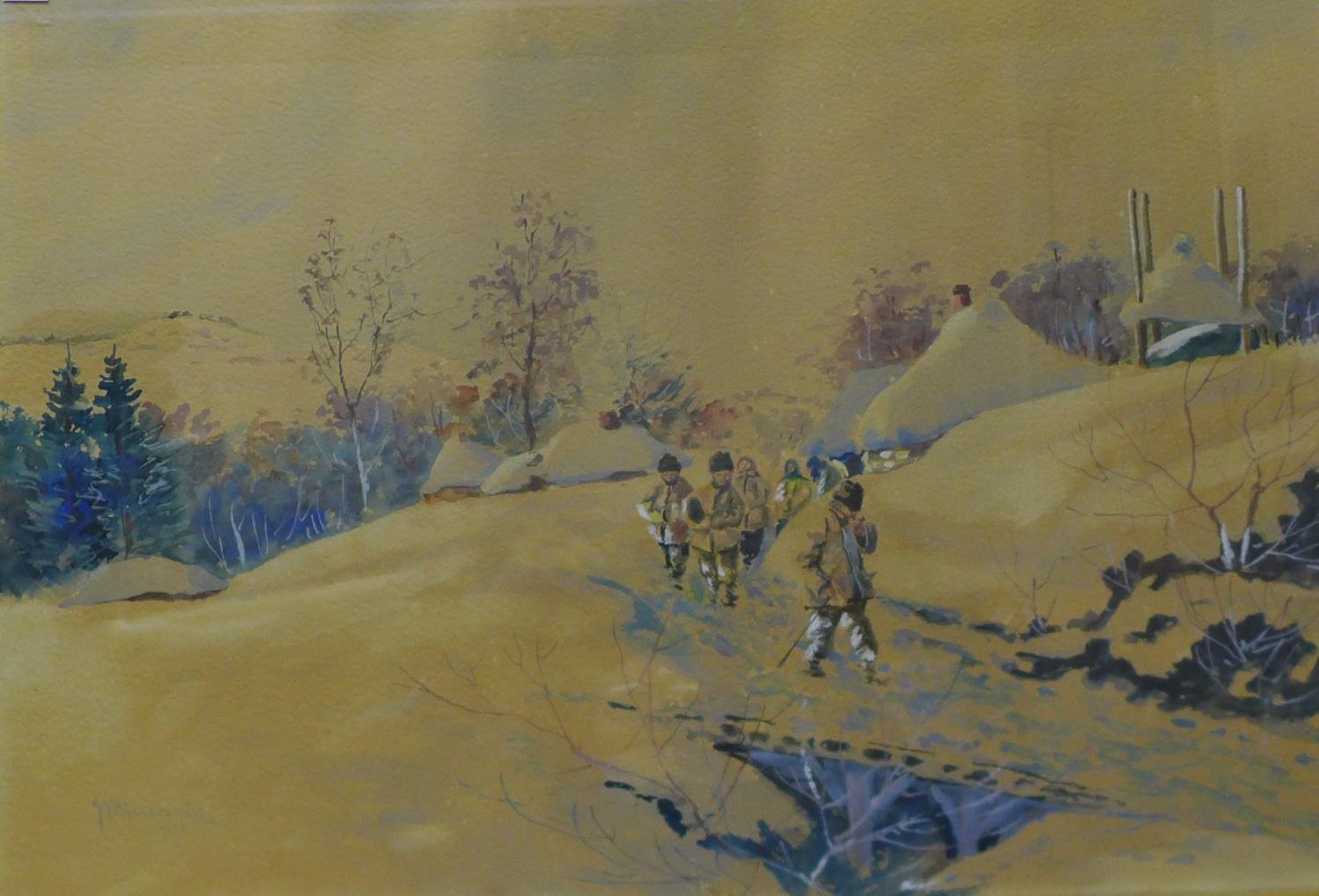 Polish School, rural winter landscape with figures on path, watercolour and gouache, indistinctly