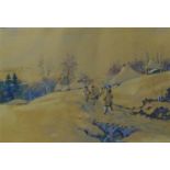 Polish School, rural winter landscape with figures on path, watercolour and gouache, indistinctly