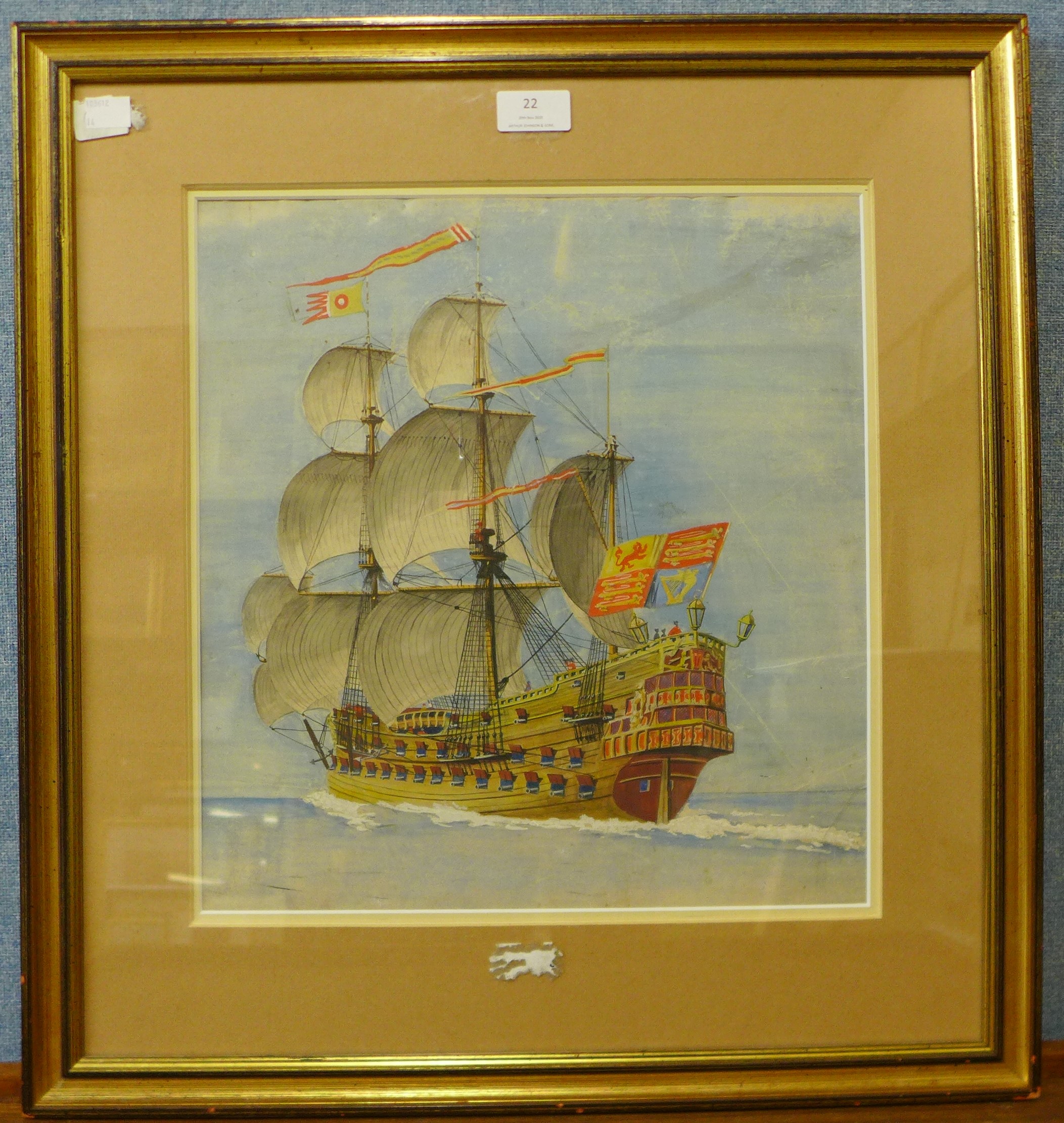 A.D. Bell (pseudonym for Alfred Knox), man o' war at sea, watercolour, 37 x 35cms, framed - Image 2 of 2