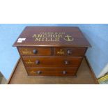 A mahogany counter top shop cabinet, bearing Clark & Co. Anchor Mills inscription, 32cms h x 41cms w
