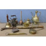 A box of mixed metalwares, copper kettle, brass trivet, shoe last, ABOL brass pump/sprayer,