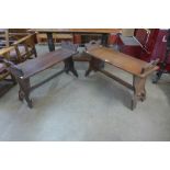 Two similar Arts and Craft oak benches, 61 cms h, 36cms w, 98cms l and 62cms h, 40cms w, 99cms l