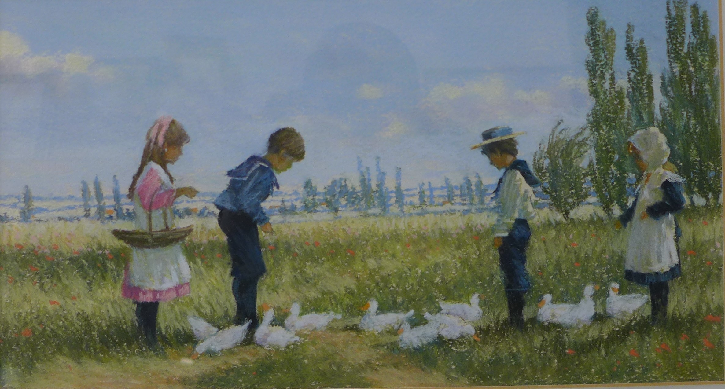 James H. Tyther, summer landscape with children in an orchard, pastel, unsigned, 20 x 38cms, framed - Image 3 of 3