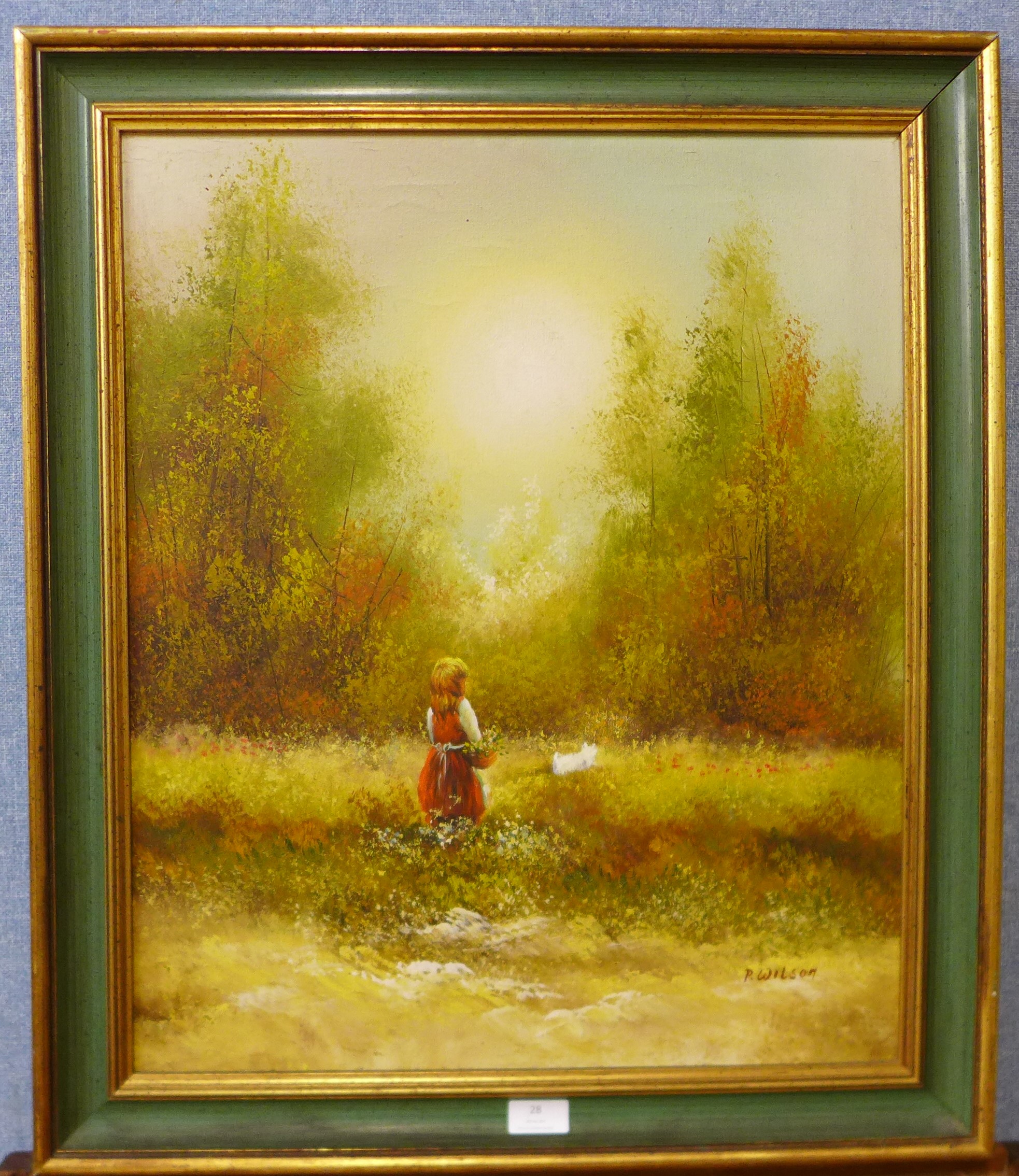 P. Wilson, landscape with girl and dog in a field, oil on canvas, 60 x 49cms, framed - Image 2 of 3