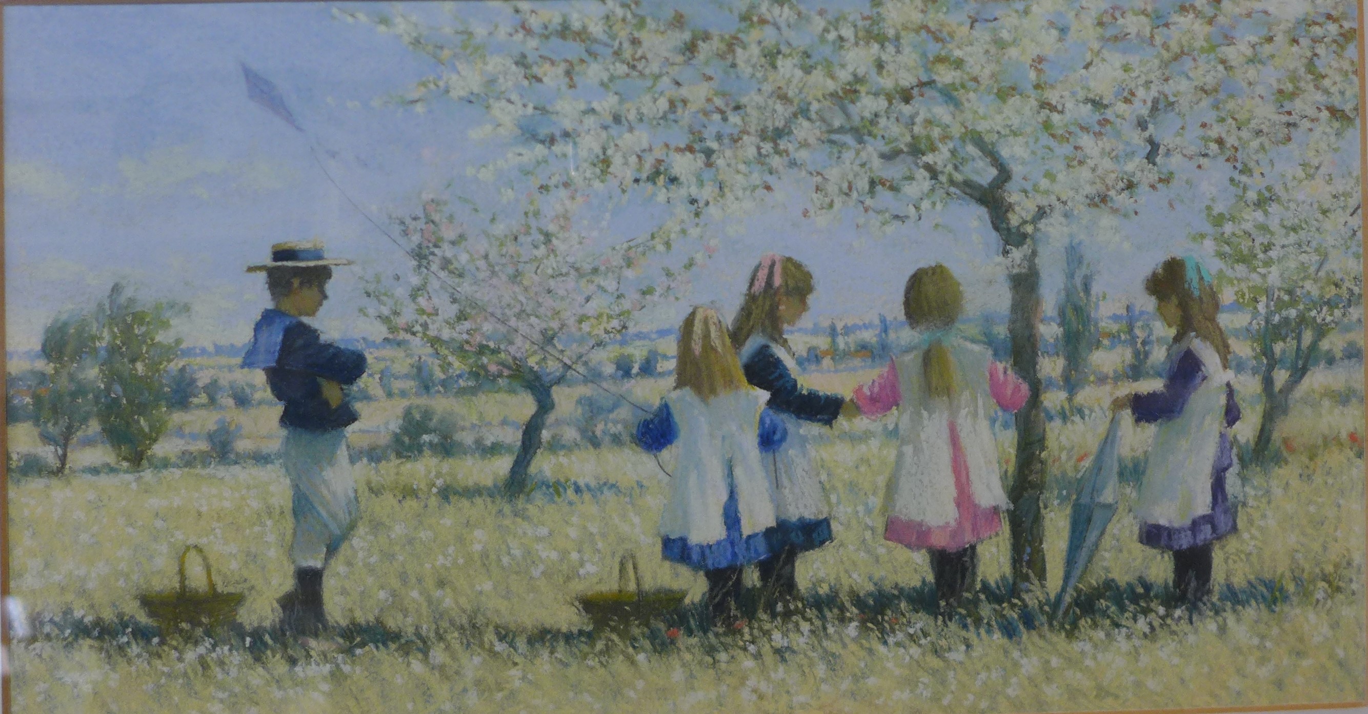 James H. Tyther, summer landscape with children in an orchard, pastel, unsigned, 20 x 38cms, framed