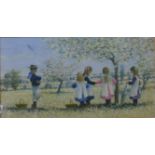 James H. Tyther, summer landscape with children in an orchard, pastel, unsigned, 20 x 38cms, framed