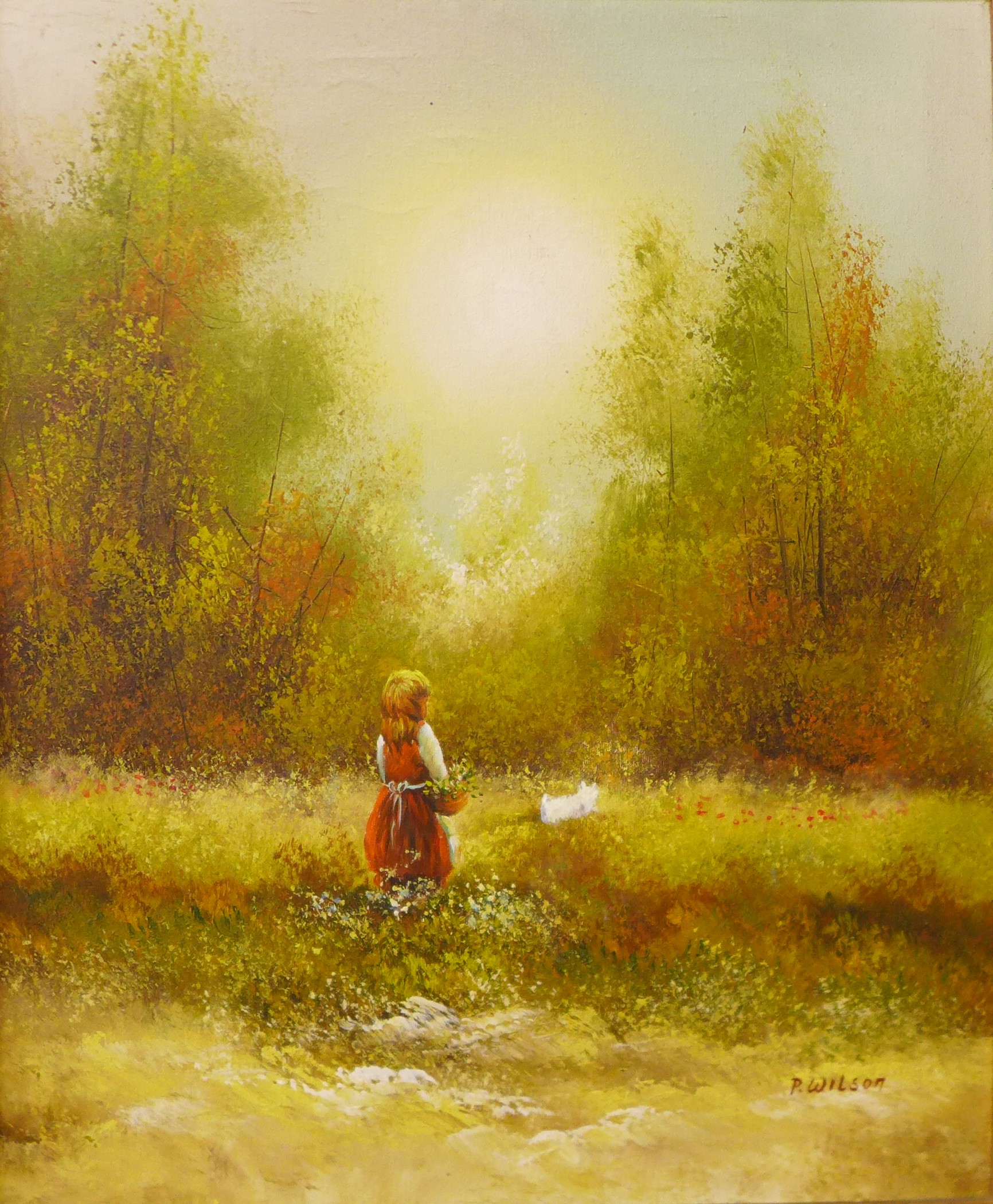 P. Wilson, landscape with girl and dog in a field, oil on canvas, 60 x 49cms, framed