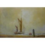 R. H. Dean, coastal scene with a boat moored on a beach, oil on canvas, 37 x 55cms, framed