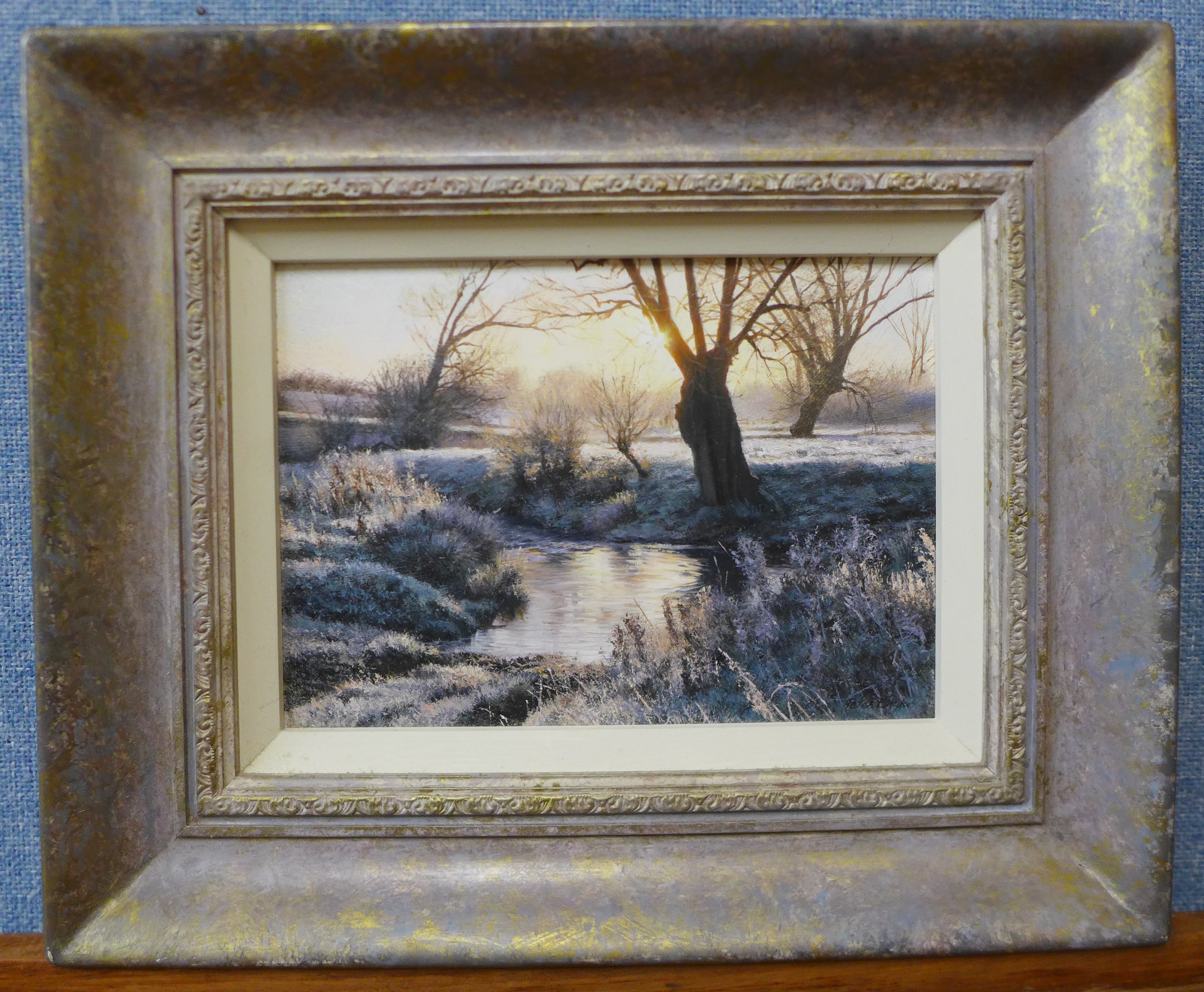 Peter Barker (b.1954), Dawn Frost By The Ford, oil on board, 14cms x 20cms, framed - Image 2 of 3