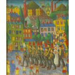 Leopold Wrobel (Polish 1922-1985), town scene with military band