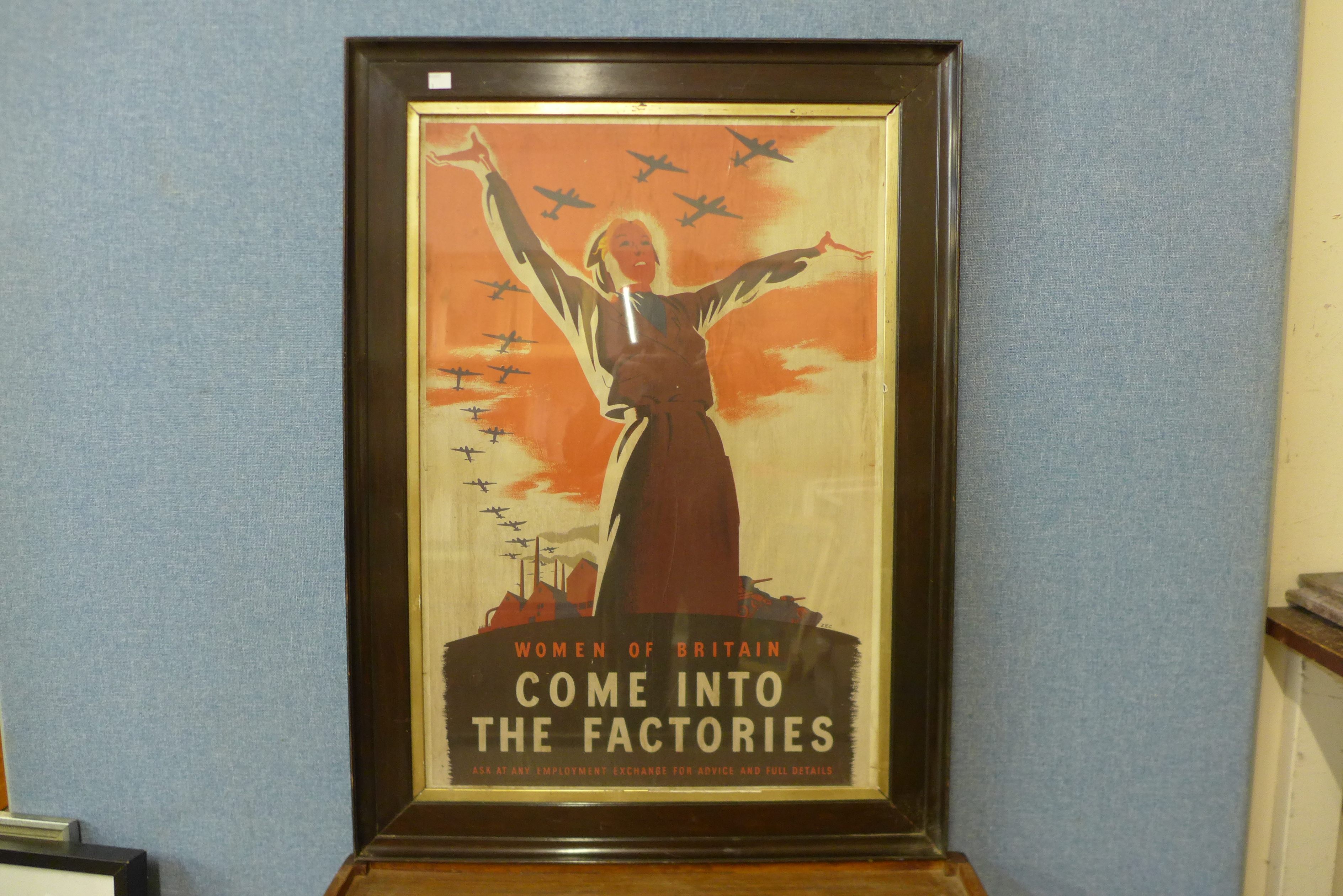 A Women of Britain Come Into The Factories poster, 74 x 50cms, framed