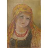 Eastern European School, portrait of a gypsy girl, oil on board, indistinctly signed, 46cms x 32cms,