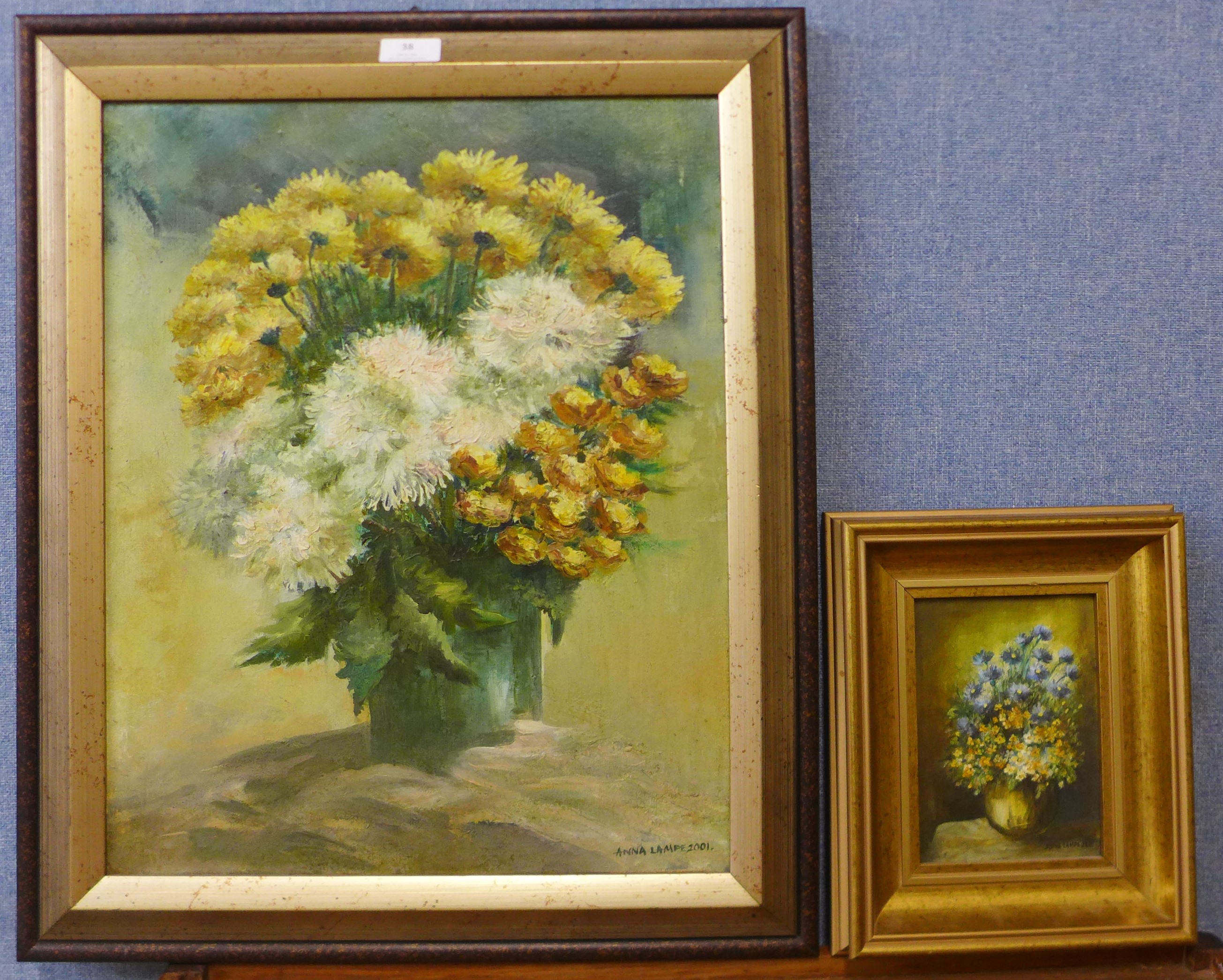 Anna Lampe, three still lifes, two oils on canvas, 50 x 40cms and 17 x 12cms and a watercolour, 39 x - Image 3 of 4