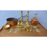 A copper kettle, copper saucepan, a pair of brass candlesticks, toasting fork, etc.