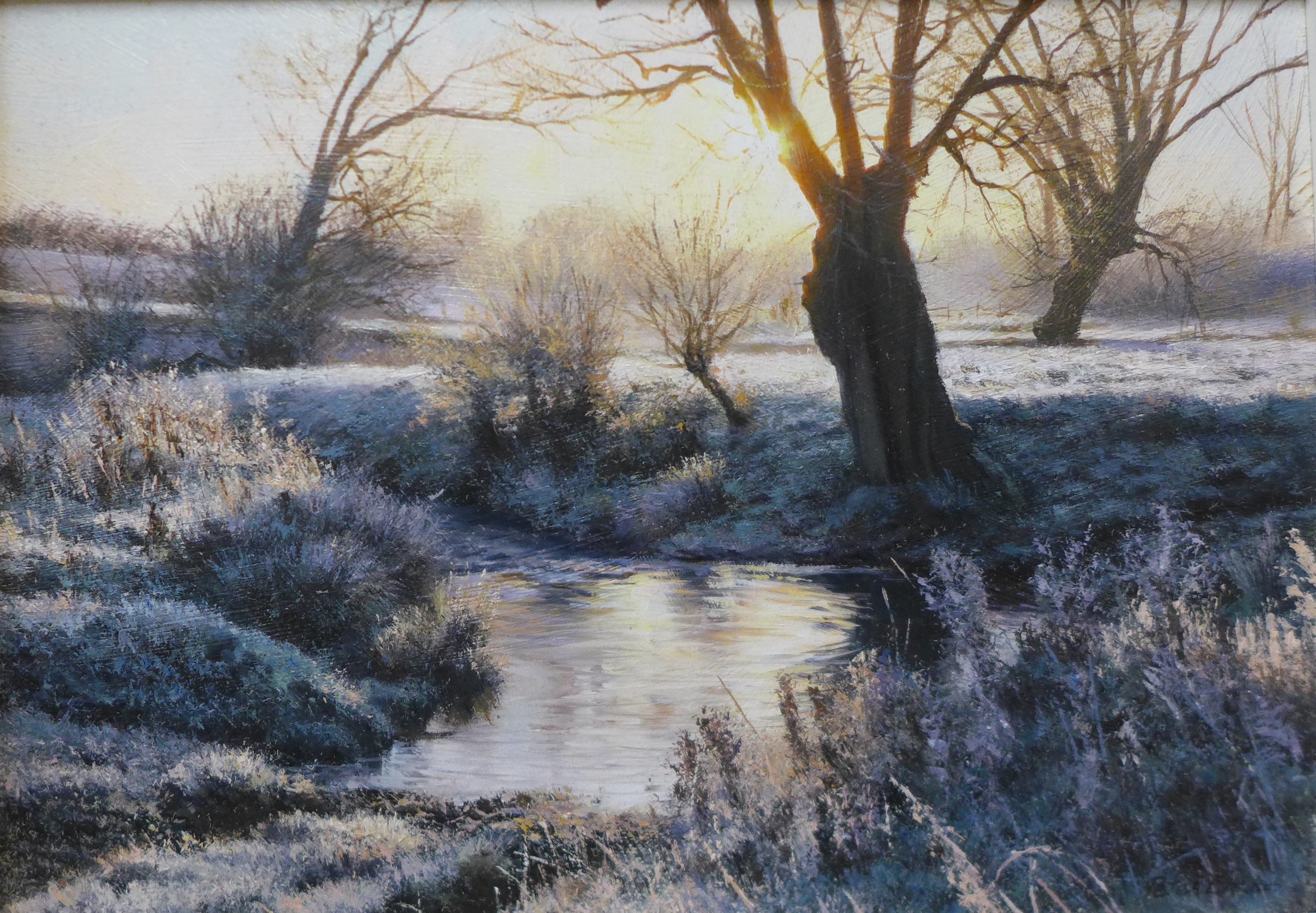 Peter Barker (b.1954), Dawn Frost By The Ford, oil on board, 14cms x 20cms, framed