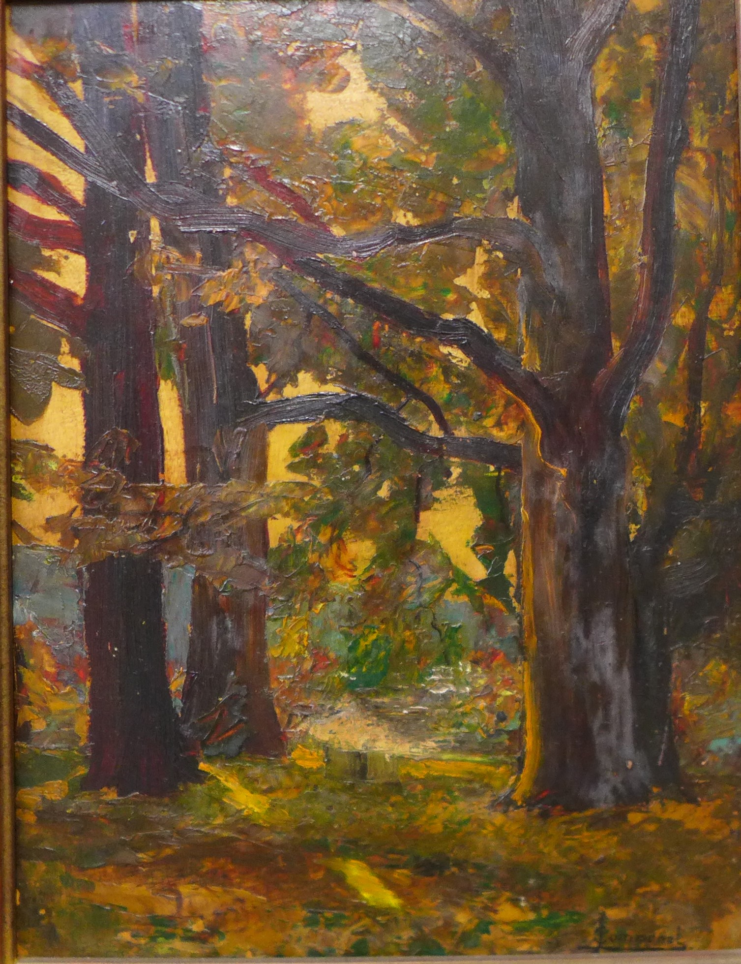 Joseph Victor Communal (French 1876-1962), forest landscape, oil on board, 34 x 25cms, framed