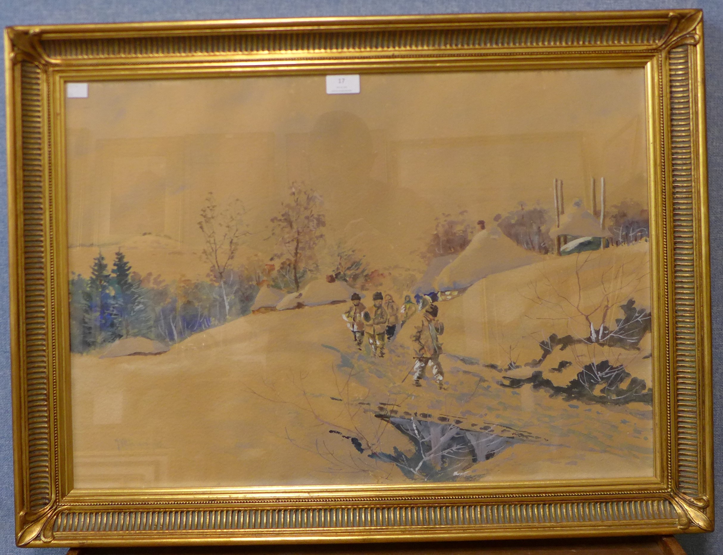 Polish School, rural winter landscape with figures on path, watercolour and gouache, indistinctly - Image 2 of 4