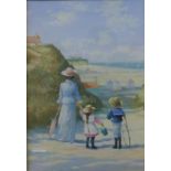 James H. Tyther, summer landscape with mother and children going to the beach, pastel, 31 x 21cms,