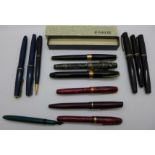 Seven fountain pens with 14ct gold nibs, three Conway Stewart, 100 and two 84, three Parker, one