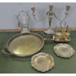 A candelabra, tray, four-egg cruet, pickle jar, etc. **PLEASE NOTE THIS LOT IS NOT ELIGIBLE FOR