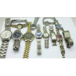 Twelve wristwatches; Citizen chronograph, French Connection, Seiko quartz, etc.