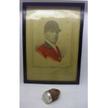 A silver mounted paw with inscription dated 1930 and a framed photograph of a huntsman dated 1932