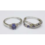 Two 9ct white gold, diamond and blue stone rings, 2.8g, both K