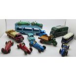 A collection of twelve Dinky Toys model vehicles, including racing cars, BBC Mobile Control Room and