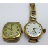 A cushion shaped wristwatch (lacking crown) and an Elgin gold plated trench watch (lacking glass)