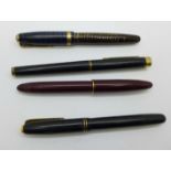 Four fountain pens; Waterman's 503, two Sheaffer and one Parker with brown body and blue cap, all