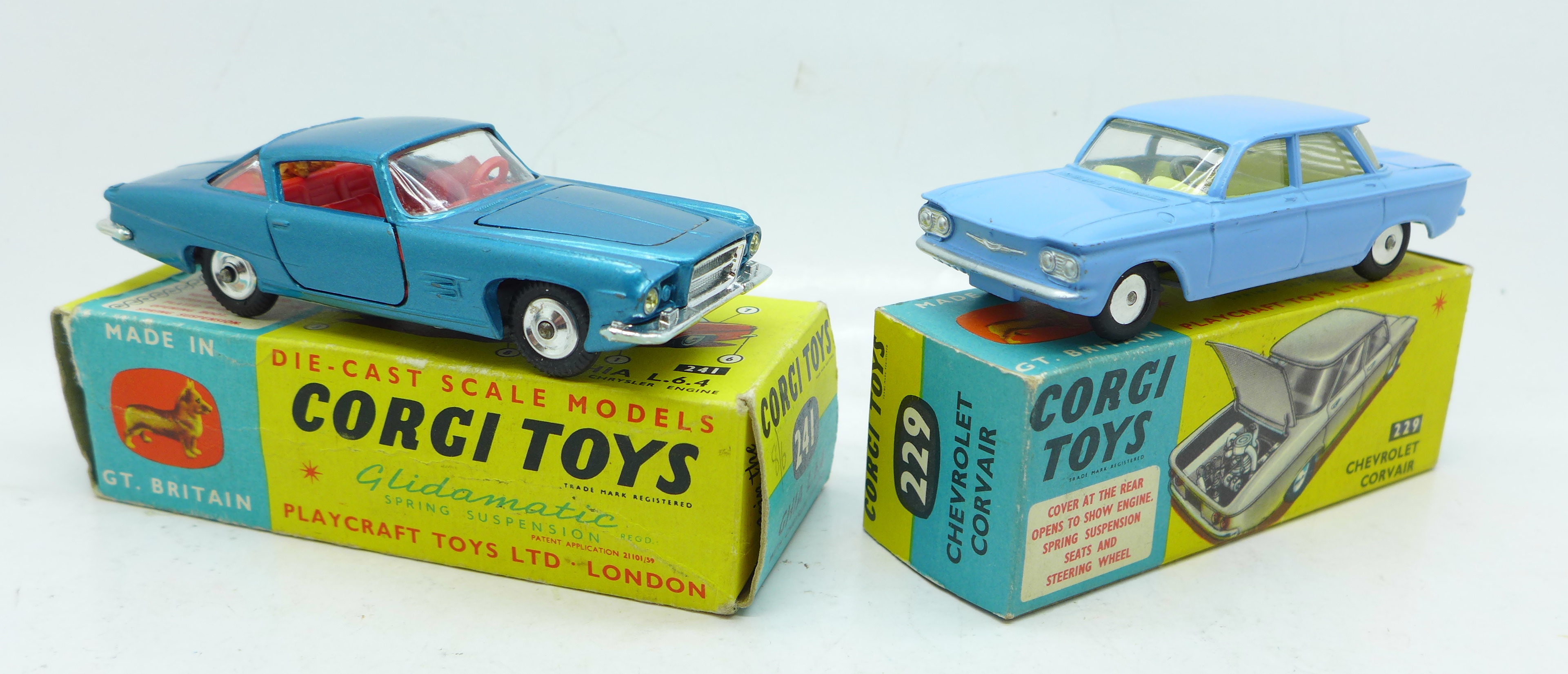 Two Corgi Toys model cars, no.241 Ghia L.6.4 and no.229 Chevrolet Corvair, both boxed