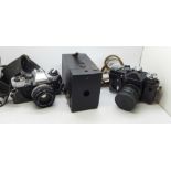 Three cameras, Zenit-E, Olympus CM10 and a Kodak box camera