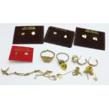 9ct gold jewellery and a pair of 9ct gold studs, a/f, total weight 11.5g