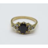 A 9ct gold, sapphire and white stone ring, 1.9g, M