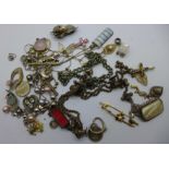 Two silver pendants and chains, a silver and pearl necklace, five pendants, charms, two brooches,