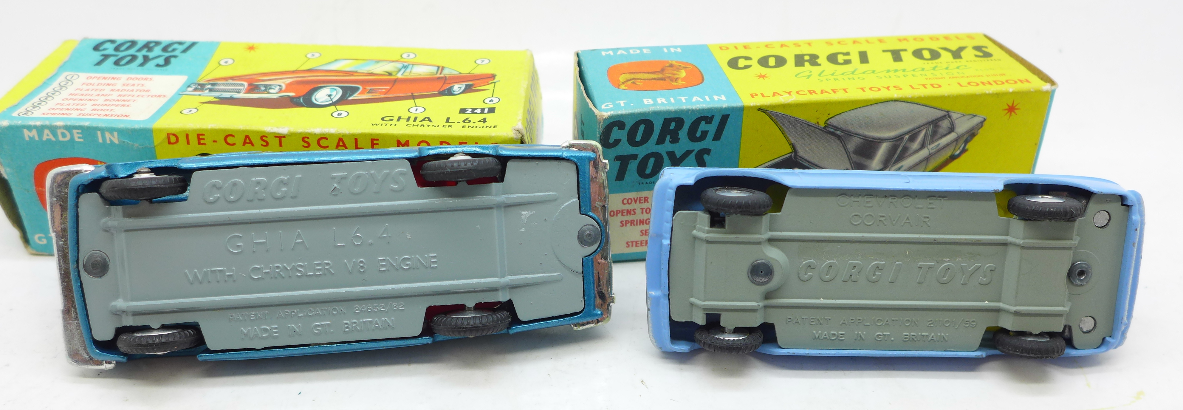 Two Corgi Toys model cars, no.241 Ghia L.6.4 and no.229 Chevrolet Corvair, both boxed - Bild 4 aus 4