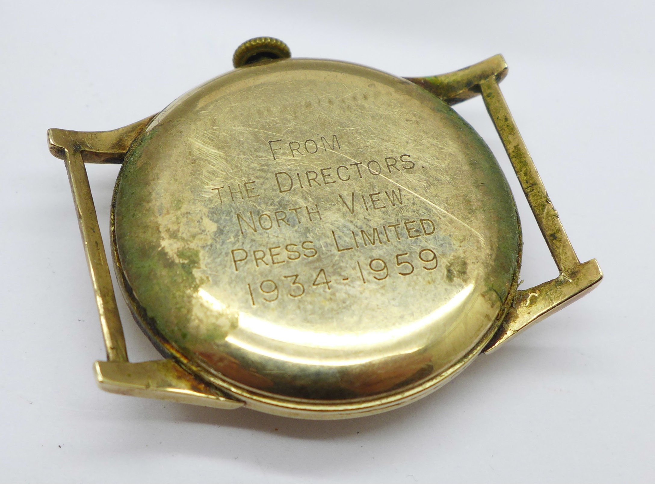 A Pioneer 9ct gold wristwatch head with long service inscription and a lady's 9ct gold case - Image 3 of 5