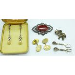 Two silver brooches, two pairs of earrings and a pair of Masonic cufflinks