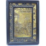 A detailed relief and gilt metal plaque depicting an Elizabethan court scene, frame 31cm x 41.5cm