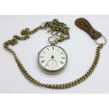 A silver cased pocket watch, a/f, and an Albert chain
