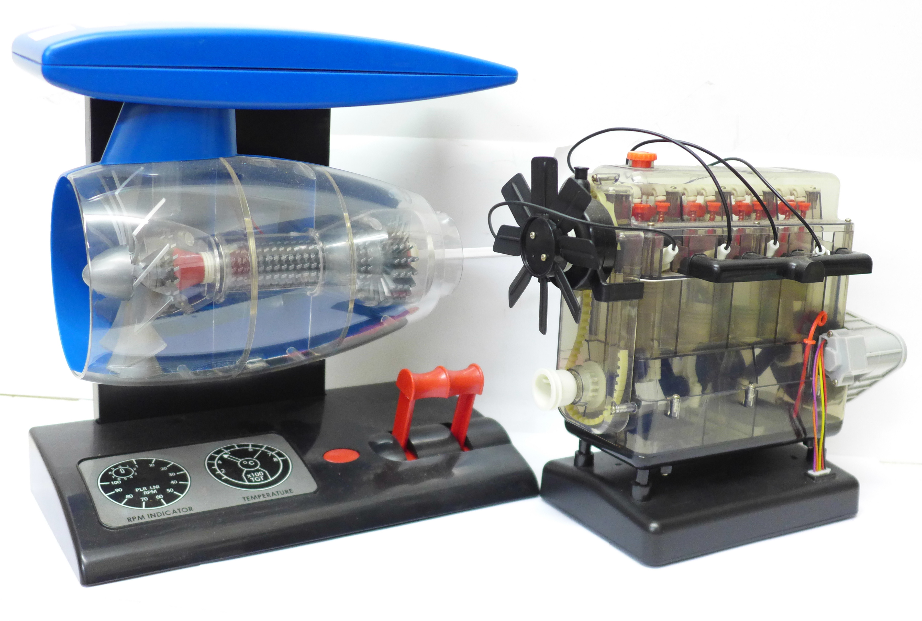 Two battery operated model engines, jet and combustion, a/f