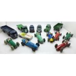 A collection of twelve Dinky Toys model vehicles, including seven racing cars and one Corgi Toys
