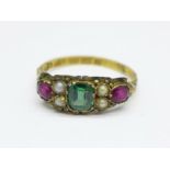 A Victorian 12ct gold, pearl, red and green stone ring, Birmingham 1873, 1.2g, (green stone requires